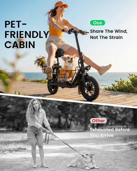 Woman riding Electric Scooter With Seat For Adults 550W Motor Foldable Commuter with pet basket and dog, coastal path