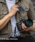Photographer placing 4TB Extreme Pro Portable SSD With USB4 Speeds Up To 3800 MBps Read And 3700 MBps Write into pocket while holding camera