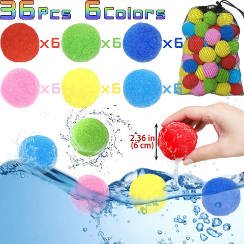 36 Pcs Reusable Water Balloons Quick Fill Set For Outdoor Play Backyard Beach Pool Water Soaker Balls With Mesh Bag Colorful 2.4 Inch Diameter 6 Cm Ideal Summer Fun Birthday Party Supplies For Kids Boys And Girls shown with mesh bag and colorful balls