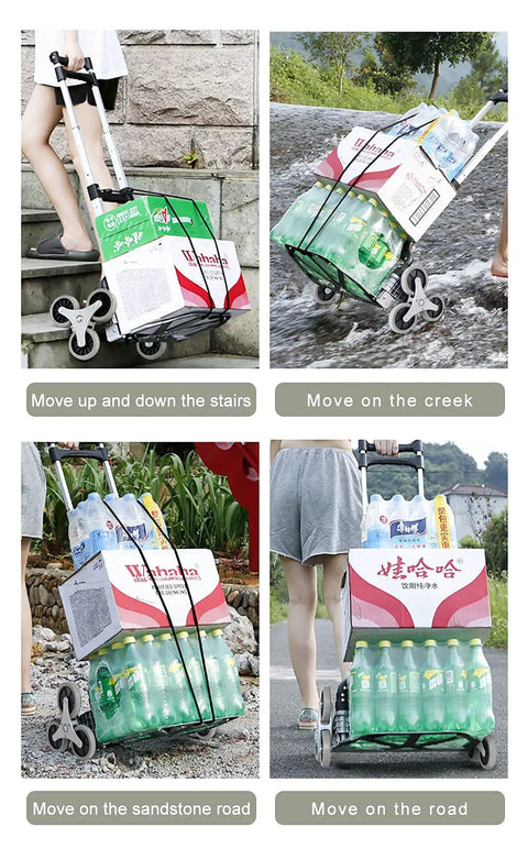 Stair Climbing Hand Truck With Aluminum Foldable Frame, 330 Lbs Ground Capacity And 155 Lbs On Steps carrying boxes up stairs