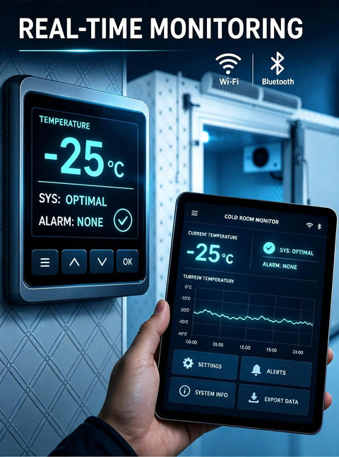 Real-time temperature monitoring display at -25°C for Shop Grade Modular Walk In Cooler And Freezer Combo For Restaurant Food Storage.