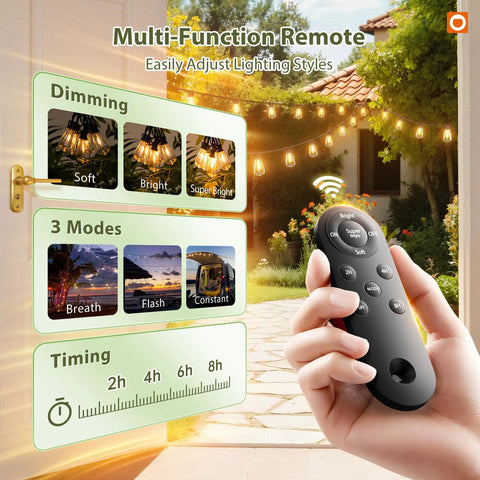 Hand holding remote for 52 Ft Solar String Lights With Remote And USB Port Waterproof Patio Lights 16 Plus 1 Shatterproof LEDs Dimmable Brightness 3 Modes With Timers Party Ready For Camping Backyard Garden Decor And Outdoor Parties.