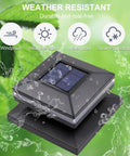 Six Pack Solar Post Cap Lights For Outdoors with black shell and solar panel, weather resistant, on green background.