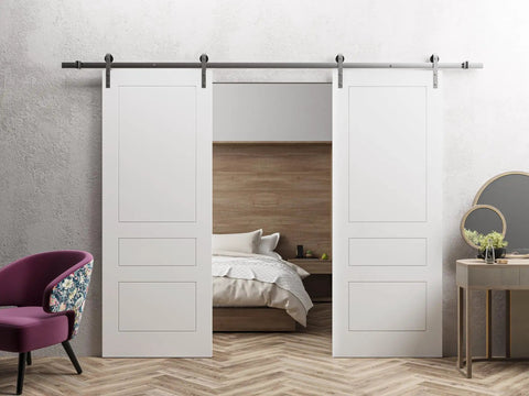 Double Barn Door 84 Inch By 96 Inch With 13 Foot Silver Rail Track Set in a modern interior room setting
