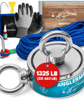 AnglerMag 10-piece magnet fishing kit with 1325 lb total (2x663 lb), blue rope, gloves, carabiner, grappling hook, bag