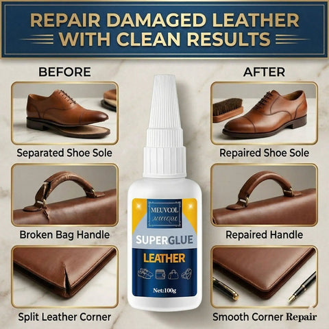 Leather Glue Pro Grade 100g Fast Setting Adhesive For Purses Shoes Car Seats Suede And Upholstery Clear Drying Strong Bond Includes Six Precision Tips Great For Wallets Belts Jackets And Quick Clean Repairs At Home bottle with before and after repair images of a shoe sole, bag handle, and leather corner.