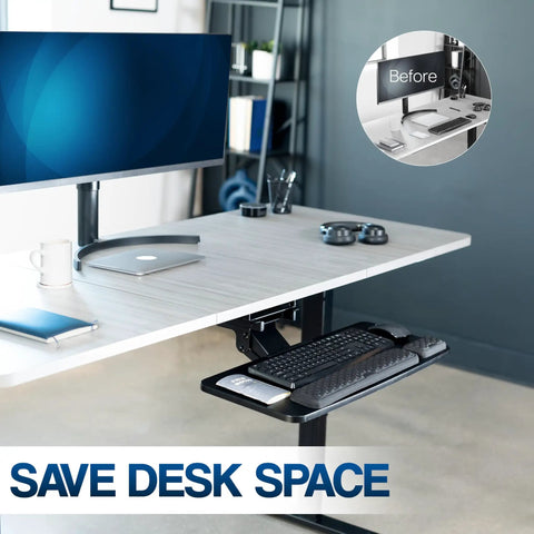 Smooth Gliding Under Desk Keyboard And Mouse Tray With Plush Foam Padding For Home Office Ergonomic Workstation Setup adjustable height, saving desk space.