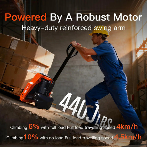 Heavy Duty Electric Pallet Jack With 4,400 Lb Load Capacity And Power Lift For Warehousing moving heavy carts fast uphill with a worker.
