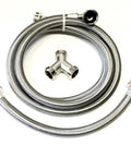 Industrial Steam Dryer Installation Kit With 6 Ft Stainless Steel Braided Hose Pro Grade Three Quarter Inch FHT 90 Degree Elbow One Foot Inlet Hose Y Adapter Stainless Steel displayed on white background.