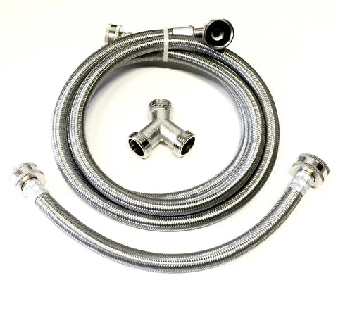 Industrial Steam Dryer Installation Kit With 6 Ft Stainless Steel Braided Hose Pro Grade Three Quarter Inch FHT 90 Degree Elbow One Foot Inlet Hose Y Adapter Stainless Steel displayed on white background.