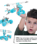 Child holding AirBit Build Your Own Airplane STEM Kit For Creative Kids And Curious Adults, blue aviation model toy.