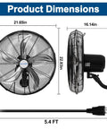 20 Inch Oscillating Wall Mount Fan With Wired Remote, showing product dimensions and side view, 3 Speed High Velocity Industrial Fan