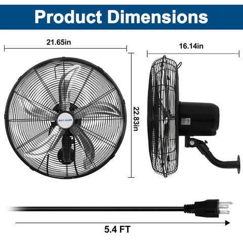 20 Inch Oscillating Wall Mount Fan With Wired Remote, showing product dimensions and side view, 3 Speed High Velocity Industrial Fan