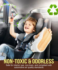 Child in a car seat with non-toxic and odorless label, green eco-friendly symbol visible