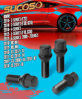 BMW 14x1.25 Lug Bolts Black Beefed Up 20 Pack 28mm Shank Conical Seat For 2014 And Newer 2 Series to i8 displayed in front of a red car