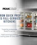 Commercial 3 Glass Door Refrigerator Boasting A Massive 72 Cubic Foot Layout Built From Premium Stainless Steel To Keep Inventory Frosty while showcasing food items inside.