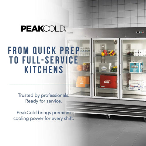 Commercial 3 Glass Door Refrigerator Boasting A Massive 72 Cubic Foot Layout Built From Premium Stainless Steel To Keep Inventory Frosty while showcasing food items inside.