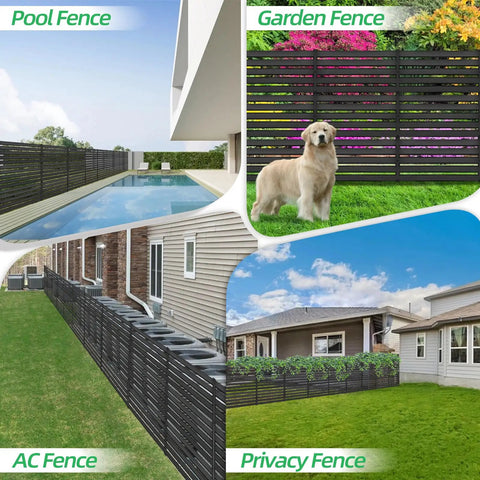 Collage of privacy fence panels for outdoor AC units and trash can enclosure, showcasing pool, garden, AC, and privacy fencing styles.