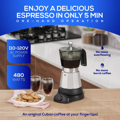 Electric Moka Pot 6 Cup Cuban Espresso Maker With Detachable Base, No Stove Needed, shown on a kitchen counter