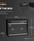 Image showing JC 40 Jazz Chorus Guitar Amp With Signature Dimensional Space Chorus Dual 10 Inch Speakers 40 Watt Stereo Power Rich Clean Tone Great For Pedals And Multi FX Compact Gig Ready Unit dimensions and accessories.