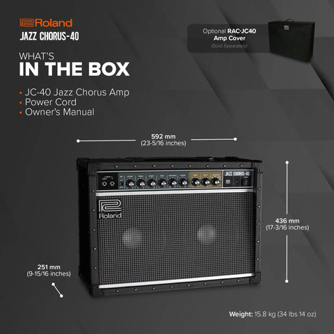 Image showing JC 40 Jazz Chorus Guitar Amp With Signature Dimensional Space Chorus Dual 10 Inch Speakers 40 Watt Stereo Power Rich Clean Tone Great For Pedals And Multi FX Compact Gig Ready Unit dimensions and accessories.