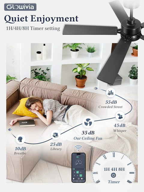 52 Inch Ceiling Fan With Lights And Remote Smart App Control Dimmable With All Setting Memory Quiet DC Motor Reversible Blades Damp Rated For Bedroom Patio And Living Room above a woman sleeping on a couch