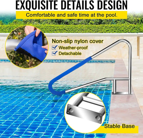 Heavy Duty Stainless Steel Pool Handrail 55 X 32 Inch Setup With Non Slip Nylon Grip, showing detachable cover and stable base.