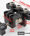 3 In 1 Dowel Jig Kit With Pocket Hole Locator And Adjustable Drill Guide For Quick No Fuss DIY Furniture Assembly, dimensions labeled
