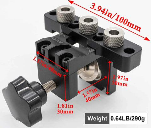 3 In 1 Dowel Jig Kit With Pocket Hole Locator And Adjustable Drill Guide For Quick No Fuss DIY Furniture Assembly, dimensions labeled