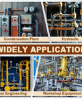 Collage of industrial applications for brass fittings, showing condensation plant, hydraulic systems, gas engineering, and workshop equipment.