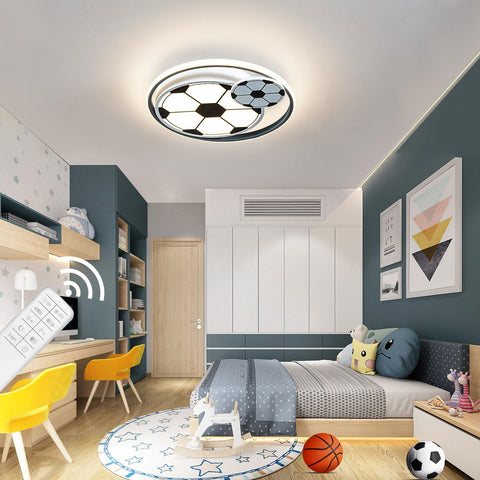 Cool Soccer Ball LED Ceiling Light For Kids Room And Bedroom, Dimmable Flush Mount Fixture With Remote, 17 Inch Lamp