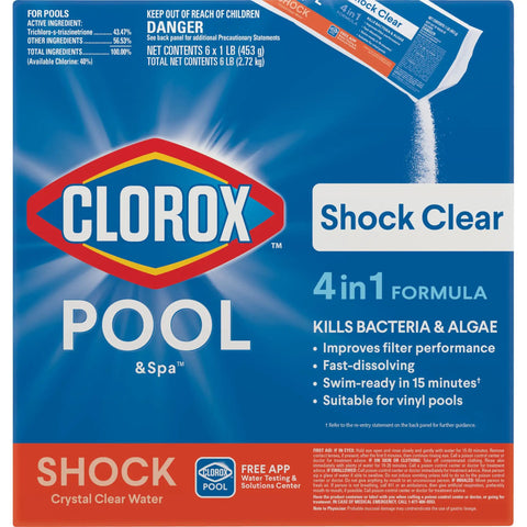 Drop This Pool Shock For An Instant Glow Up To Crystal Clear Water For A Swim Ready Splash In Just 15 Minutes Slams Bacteria And Wipes Out Cloudy Mess Vinyl Friendly 6 Pack, 4in1 formula, Clorox brand.