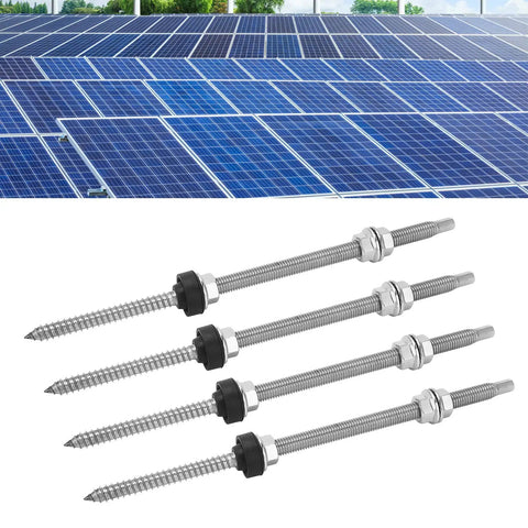 Heavy Duty 4 Pack Stainless Steel Solar Panel Mounting Screws Rock Solid Photovoltaic Bracket Fasteners For Rooftop PV Arrays And Metal Roofs Built Tough displayed with solar panels in the background.
