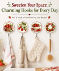 Top Shelf Apple Farmhouse Acrylic Wall Hooks With Hella Strong Adhesive Backing Super Cute Decorative Hanging Racks For Kitchen Counter Bathroom Shower Doors Quick Install Organization Solution Game Changer Sweet Country Vibes Set Of Four displaying vintage strawberry designs holding kitchen towels and an oven mitt.