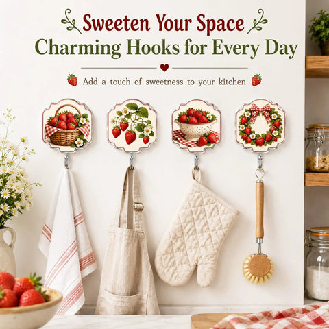Top Shelf Apple Farmhouse Acrylic Wall Hooks With Hella Strong Adhesive Backing Super Cute Decorative Hanging Racks For Kitchen Counter Bathroom Shower Doors Quick Install Organization Solution Game Changer Sweet Country Vibes Set Of Four displaying vintage strawberry designs holding kitchen towels and an oven mitt.