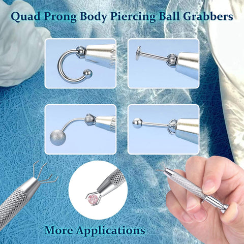 Quad prong body piercing ball grabbers showcasing different uses in a 16G 18G Piercing Taper Ball Grabber Kit.