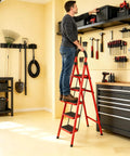 5 Step Folding Ladder For Home And Garage Portable Anti Slip Multi Use Step Stool For Kitchen Office And More Ultra Compact Easy To Store Sturdy Durable Construction Built To Last red alloy steel ladder in garage