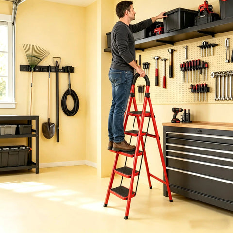 5 Step Folding Ladder For Home And Garage Portable Anti Slip Multi Use Step Stool For Kitchen Office And More Ultra Compact Easy To Store Sturdy Durable Construction Built To Last red alloy steel ladder in garage