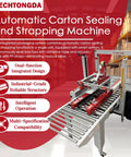 Automatic Carton Sealer And Strapping Machine For Shipping Boxes, dual-function sealing and strapping unit with conveyor system.