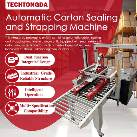 Automatic Carton Sealer And Strapping Machine For Shipping Boxes, dual-function sealing and strapping unit with conveyor system.