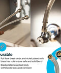 Close-up of 20 Inch Stainless Steel Braided Faucet Connector with 1/2 Inch FIP to 3/8 Inch Compression in kitchen installation.