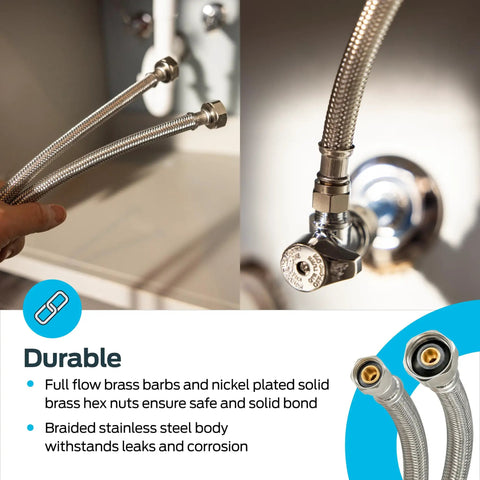 Close-up of 20 Inch Stainless Steel Braided Faucet Connector with 1/2 Inch FIP to 3/8 Inch Compression in kitchen installation.
