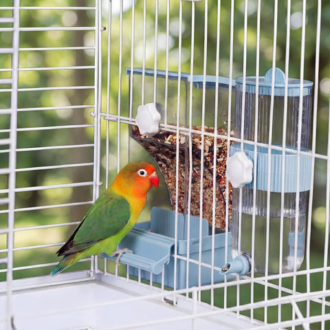 No Fuss Bird Feeder And Water Dispenser Set Packed With Automatic Clear Food Jar And Twelve Oz Drip Free Hydration Cup For Feathered Crew Like Parrots Canaries Lovebirds Budgies In Cool Blue Hanging Style with a lovebird at a cage.