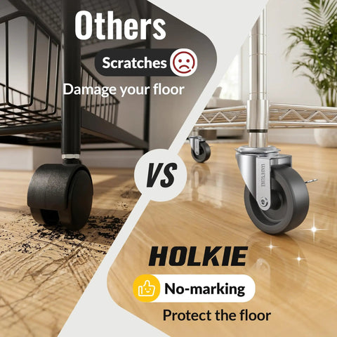 Comparison of regular casters damaging floors versus Premium Stem Casters Set Of 4 With Locking Brake Three Eighth 16 Thread One And One Half Inch Stem.