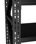 Close-up of Rock Solid 69 Inch Black Metal Shelving Unit Heavy Duty Steel Rack structure showcasing adjustable shelves and supports.