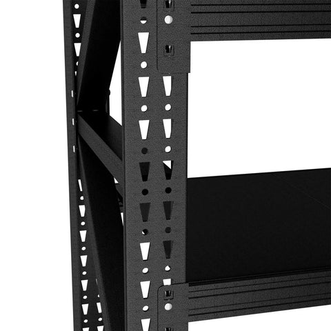 Close-up of Rock Solid 69 Inch Black Metal Shelving Unit Heavy Duty Steel Rack structure showcasing adjustable shelves and supports.
