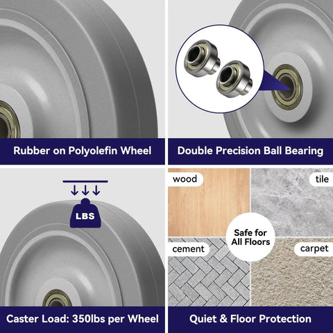 5 Inch Non Marking Rubber Caster Wheels With 3/8 Inch Bore Axle Heavy Duty Cart Rollers showcasing durable rubber wheel and precision ball bearings.