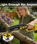 Person using 6-Inch Cordless Mini Chainsaw 21V 2.0Ah Battery Powered Pruning Saw for tree trimming in garden
