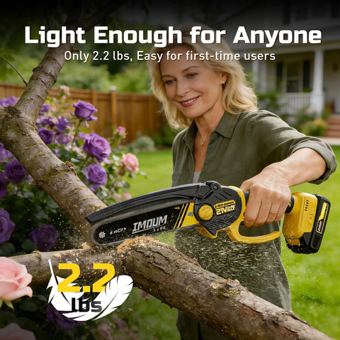 Person using 6-Inch Cordless Mini Chainsaw 21V 2.0Ah Battery Powered Pruning Saw for tree trimming in garden