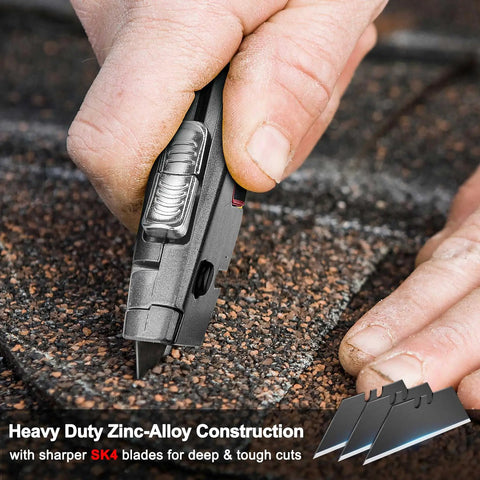 Heavy Duty Box Cutter Retractable Knife With 2 In 1 Cutting Modes, Auto Retracting Safety Knife And 3 Position Lock, Zinc Alloy Build, Blade Storage, Includes 3 SK4 Blades For Tough Jobs, cutting asphalt
